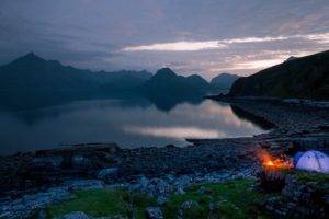Elgol, Scotland, Camping, Tent, Sea, Nature, Fire, Campfire, Rocks, Mountains, Sunset