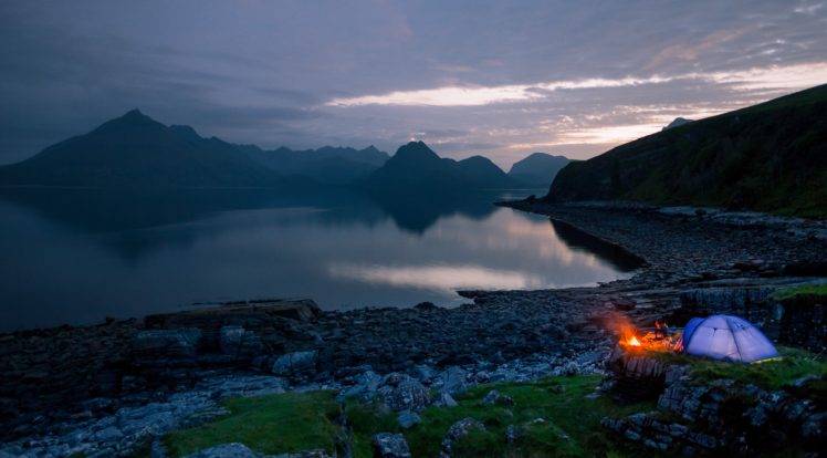 Elgol, Scotland, Camping, Tent, Sea, Nature, Fire, Campfire, Rocks, Mountains, Sunset HD Wallpaper Desktop Background