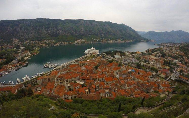 Kotor (town), Montenegro, City, Sea, River, Cliff, Ship, Cruise ship, Dock HD Wallpaper Desktop Background
