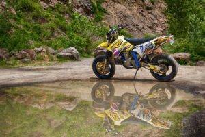 Monster Energy, Supermoto, Motorcycle, Water, Reflection, Vehicle, DRZ 400 SM