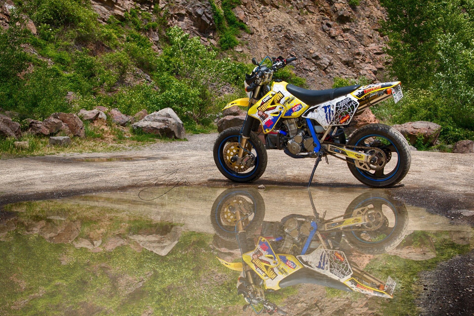 Monster Energy, Supermoto, Motorcycle, Water, Reflection, Vehicle, DRZ 400 SM Wallpaper