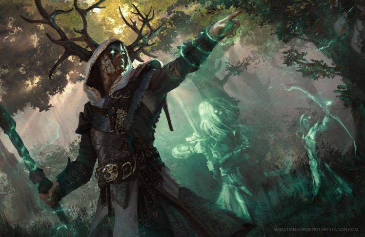 druids, Green eyes, Fantasy art, Magic, Ghost, Digital art, Forest HD Wallpaper Desktop Background