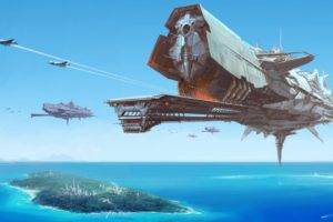island, Sea, Aircraft, Aerodrome, Spaceship, Science fiction, Futuristic, Artwork