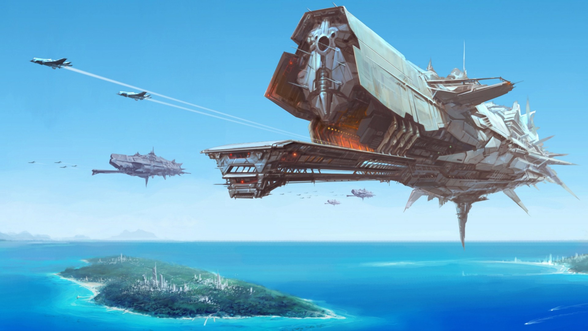 island, Sea, Aircraft, Aerodrome, Spaceship, Science fiction, Futuristic, Artwork Wallpaper
