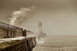 photography, Waves, Storm, Lighthouse, Sea, Fence, Ladders