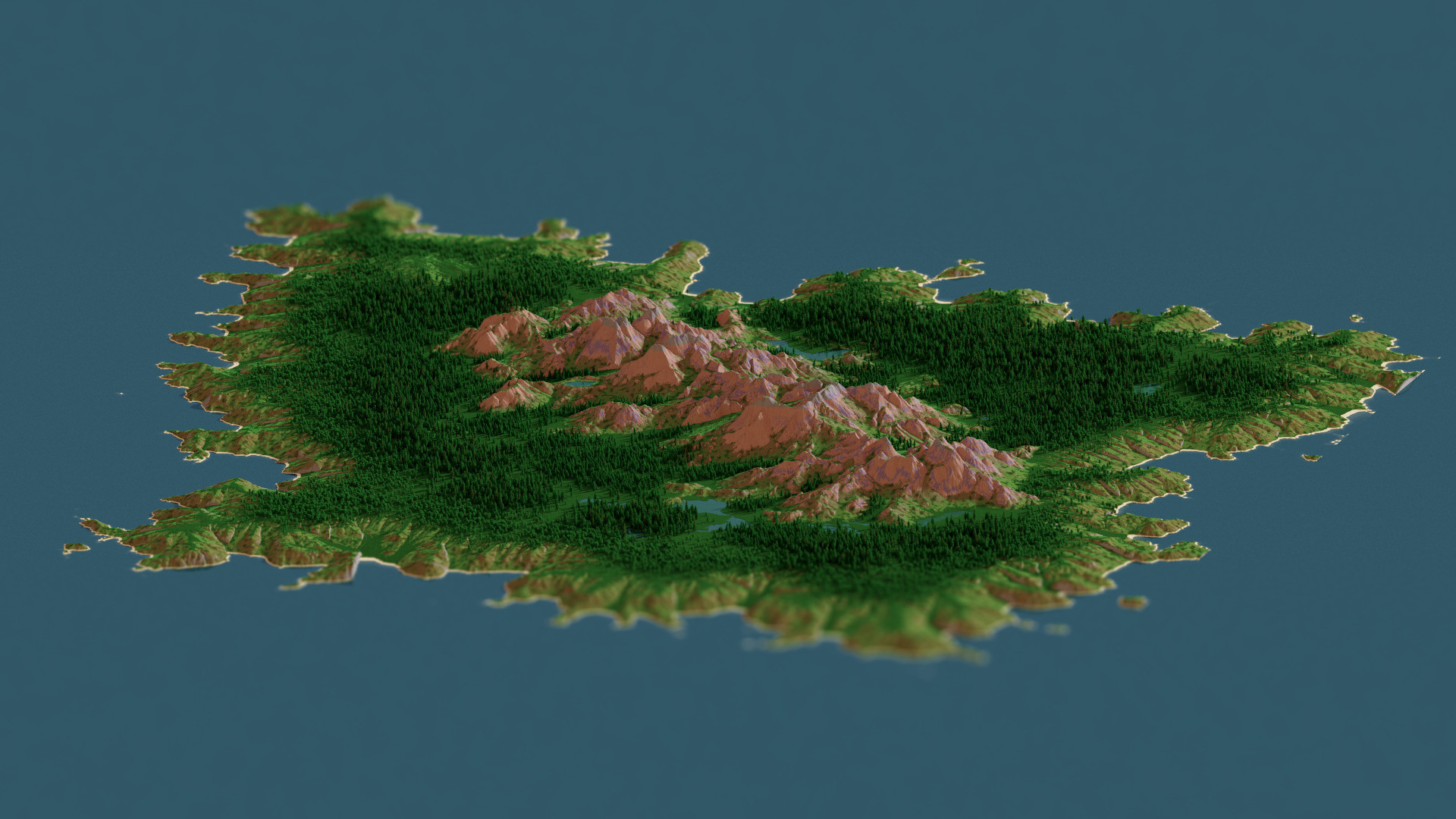 Minecraft, Render, Rendered scene, Chunky, Island, Mountains, Forest, Sea, Lake, Video games Wallpaper