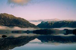 mountains, Lake, Sky, Clouds, Mist, Sun, Norway