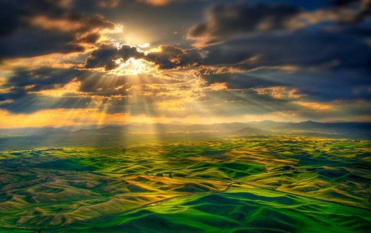 photography, Nature, Sun rays, Clouds, Mountains, Far view, Hills, Ground, Field HD Wallpaper Desktop Background