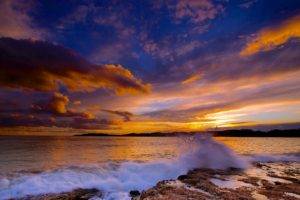 photography, Nature, Sea, Rocks, Sky, Sunset, Waves, Hills