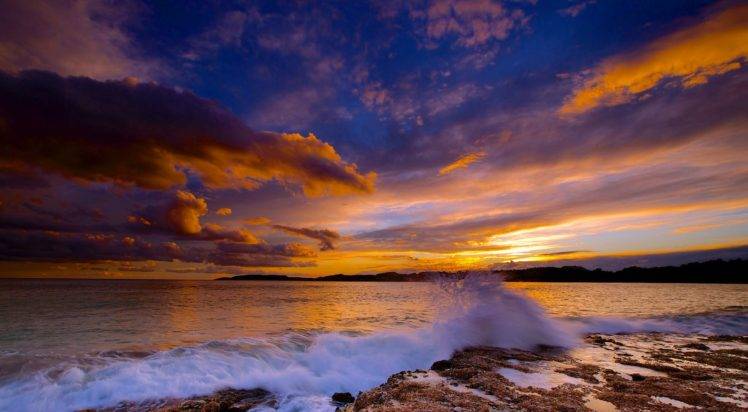 photography, Nature, Sea, Rocks, Sky, Sunset, Waves, Hills HD Wallpaper Desktop Background