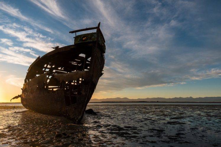 photography, Nature, Ship, Abandoned, Rocks, Sky, Broken, Sunset HD Wallpaper Desktop Background