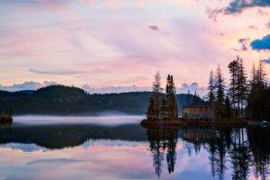 photography, Nature, Trees, Mist, House, Alone, Lake, Clouds, Sky, Island, Spruce