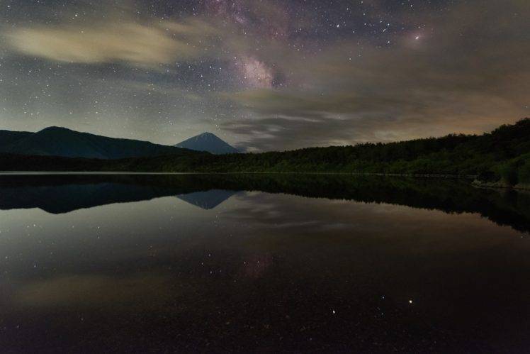 photography, Reflection, Mountains, Stars, Clouds, Night, Trees, Hills, Galaxy HD Wallpaper Desktop Background