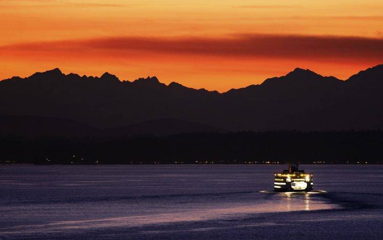 sea, Sunset, Mountains, Evening, Ship, Vehicle HD Wallpaper Desktop Background