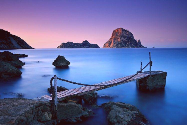 sea, Pier, Ropes, Horizon, Rock, Sky, Pink, Blue, Es vedra, Island, Ibiza HD Wallpaper Desktop Background