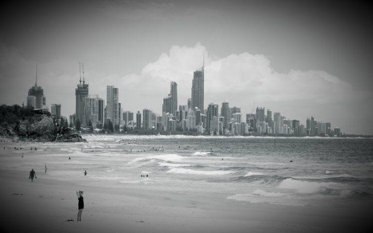 city, Monochrome, Cityscape, Beach, Sea HD Wallpaper Desktop Background