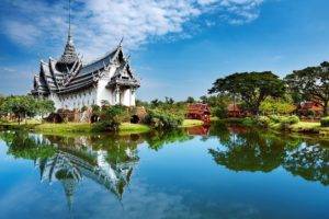 Thailand, Temple, Architecture, Thai, Sky, Blue, Trees, Travel posters, Reflex, Water
