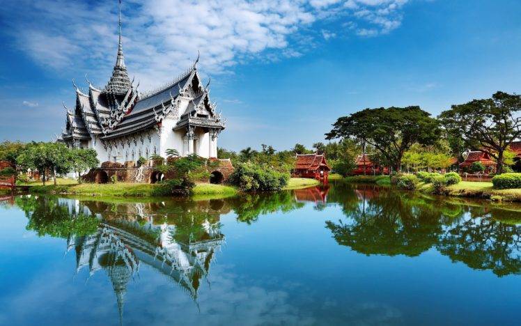 Thailand, Temple, Architecture, Thai, Sky, Blue, Trees, Travel posters, Reflex, Water HD Wallpaper Desktop Background