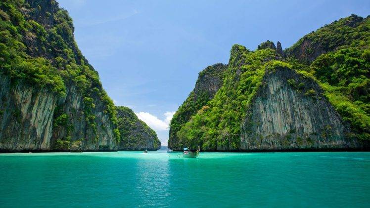 Thailand, Thai, Sea, Sky, Beach, Island, Boat, Ship, Green, Water, Vacation, Rock HD Wallpaper Desktop Background