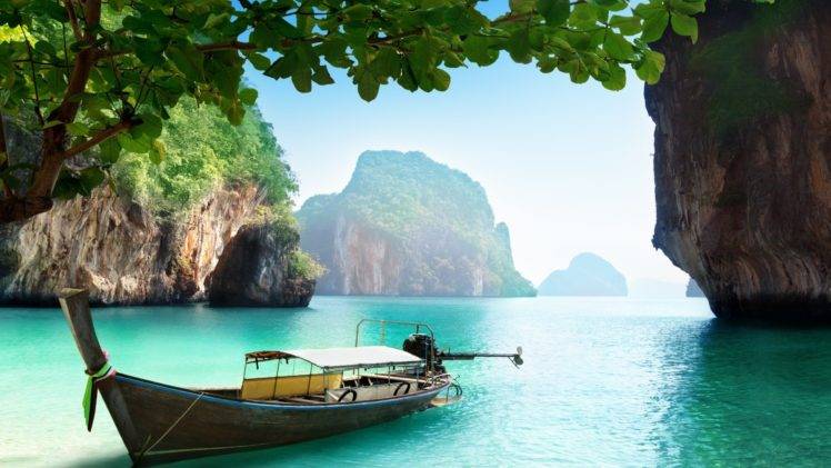 Thailand, Thai, Sea, Water, Island, Boat, Ship, Trees, Rocks, Beach, Vacation HD Wallpaper Desktop Background