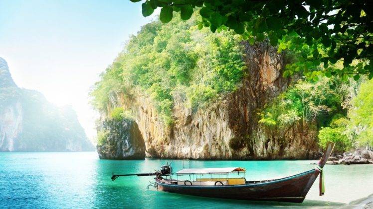 Thailand, Thai, Sea, Water, Island, Boat, Ship, Trees, Rocks, Beach, Vacation HD Wallpaper Desktop Background