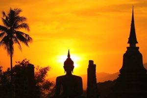 Thailand, Thai, Yellow, Sun, Coconuts, Temple, Sky, Old