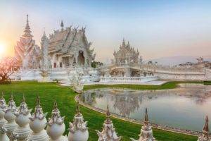Thailand, Thai, Temple, Sun, Sky, White, Green, Water, Building, Architecture, Asian architecture, Traditional art