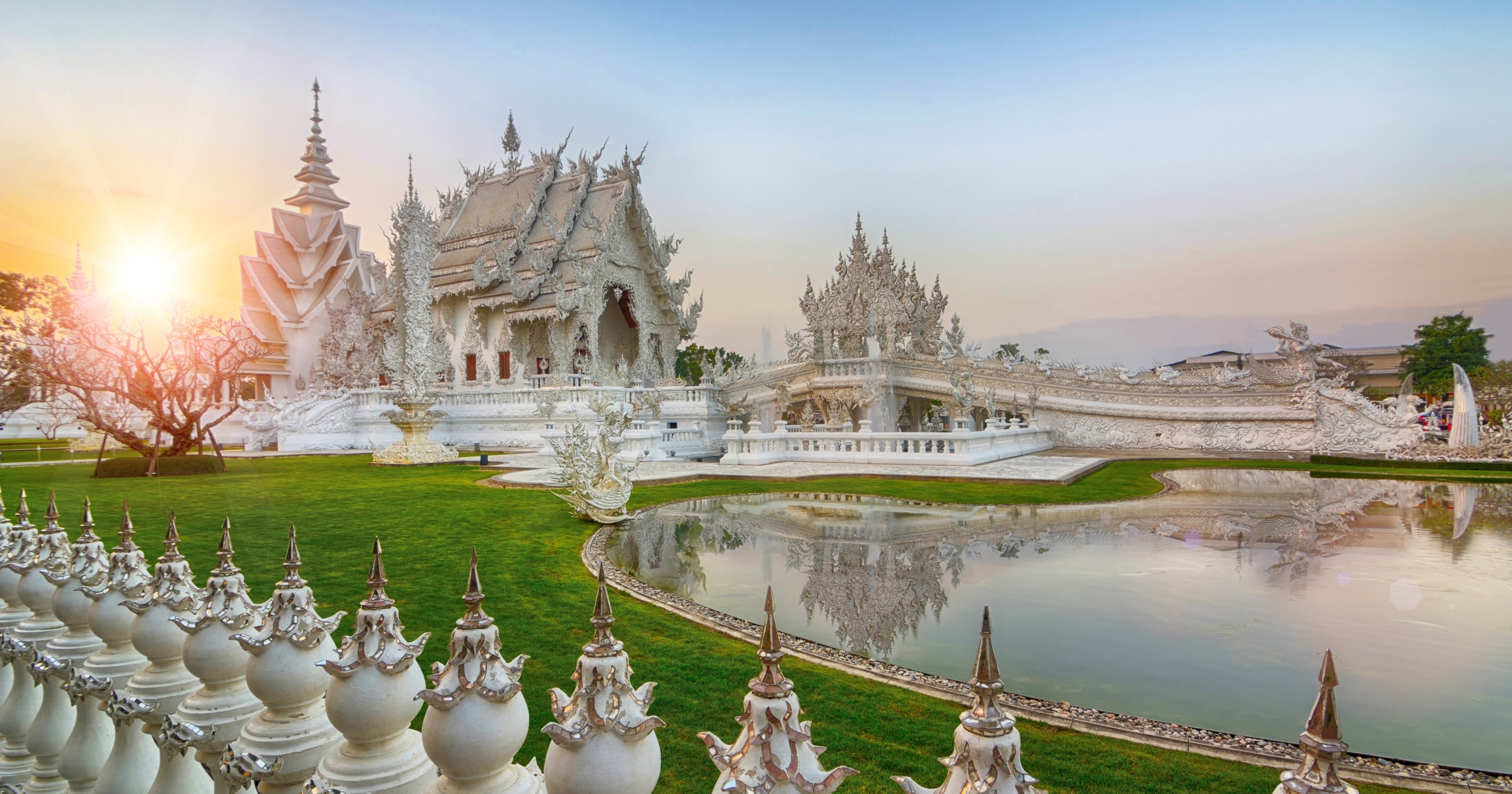 Thailand, Thai, Temple, Sun, Sky, White, Green, Water, Building, Architecture, Asian architecture, Traditional art Wallpaper