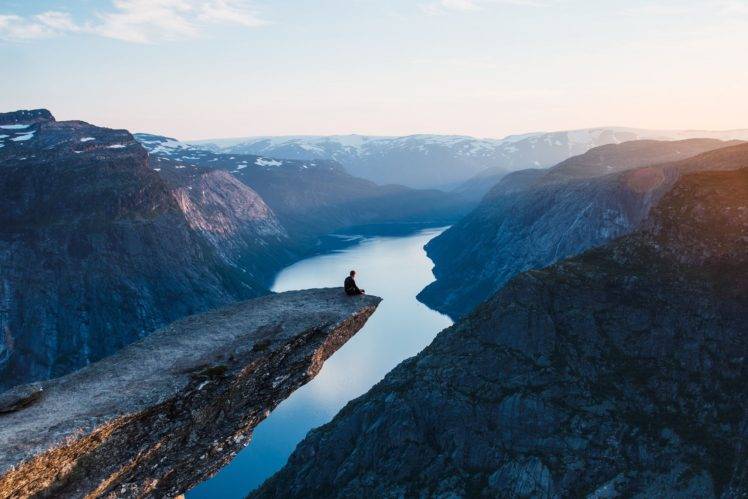 people, Sunset, Water, Sky, Mountains, Clouds, Norway, Trolltunga HD Wallpaper Desktop Background