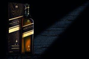 bottles, Alcohol, Whisky, Johnnie Walker, Boxes, Wall, Lights, Black background