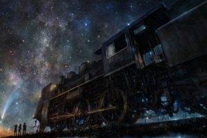 night, Sky, Stars, Train