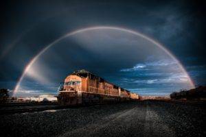 train, Vehicle, Digital art, Rainbows