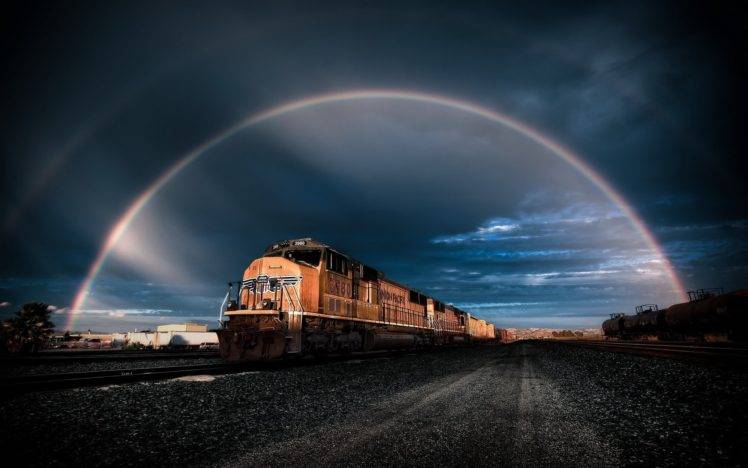 train, Vehicle, Digital art, Rainbows HD Wallpaper Desktop Background
