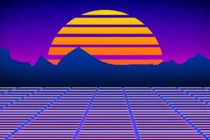 Neon Lazer Mohawk, 1980s, Retro games, Robot, Grid, Digital art, Sunset, Sun, Colorful