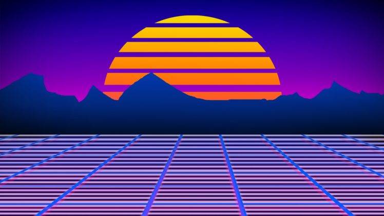 Neon Lazer Mohawk, 1980s, Retro games, Robot, Grid, Digital art, Sunset, Sun, Colorful HD Wallpaper Desktop Background