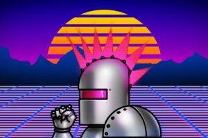 Neon Lazer Mohawk, 1980s, Retro games, Robot, Grid, Digital art, Sunset, Sun, Colorful