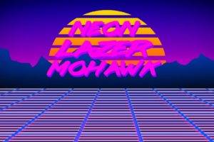 Neon Lazer Mohawk, 1980s, Retro games, Robot, Grid, Digital art, Sunset, Sun, Colorful, Text
