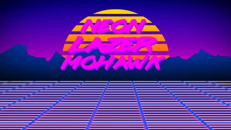 Neon Lazer Mohawk, 1980s, Retro games, Robot, Grid, Digital art, Sunset, Sun, Colorful, Text HD Wallpaper Desktop Background
