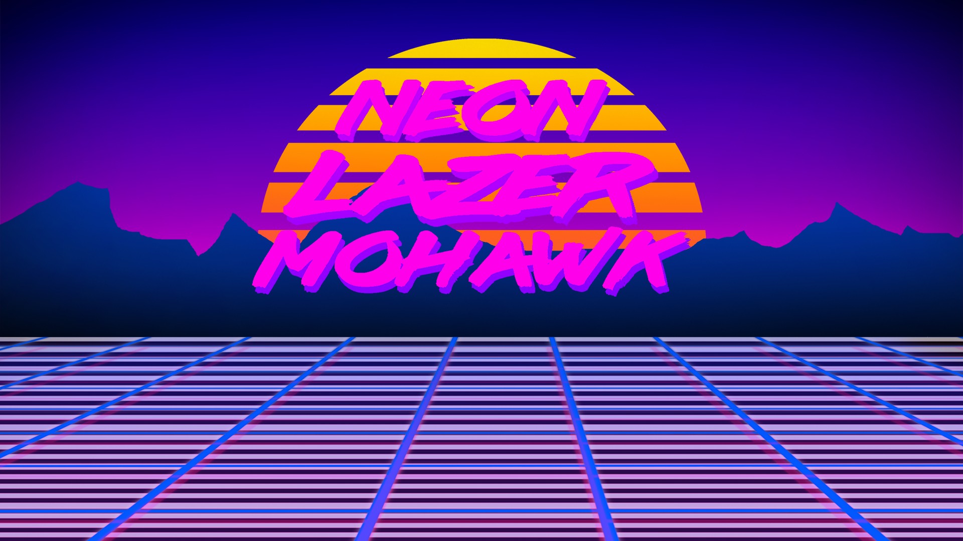Neon Lazer Mohawk, 1980s, Retro games, Robot, Grid, Digital art, Sunset, Sun, Colorful, Text Wallpaper