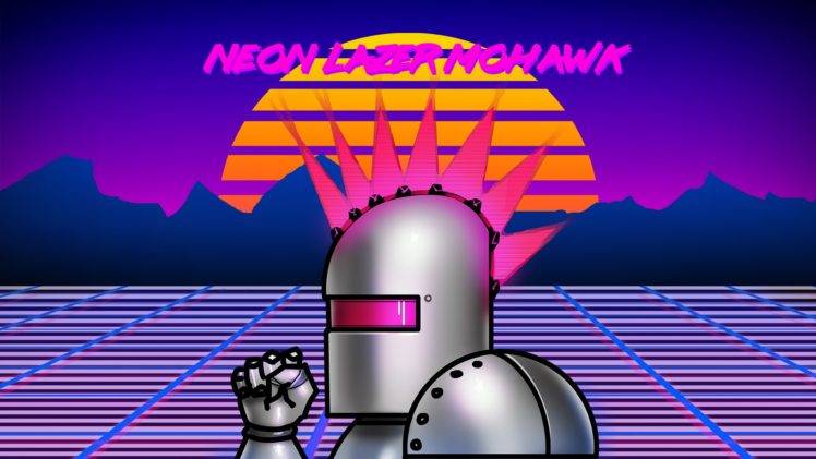 Neon Lazer Mohawk, 1980s, Retro games, Robot, Grid, Digital art, Sunset, Sun, Colorful, Text HD Wallpaper Desktop Background
