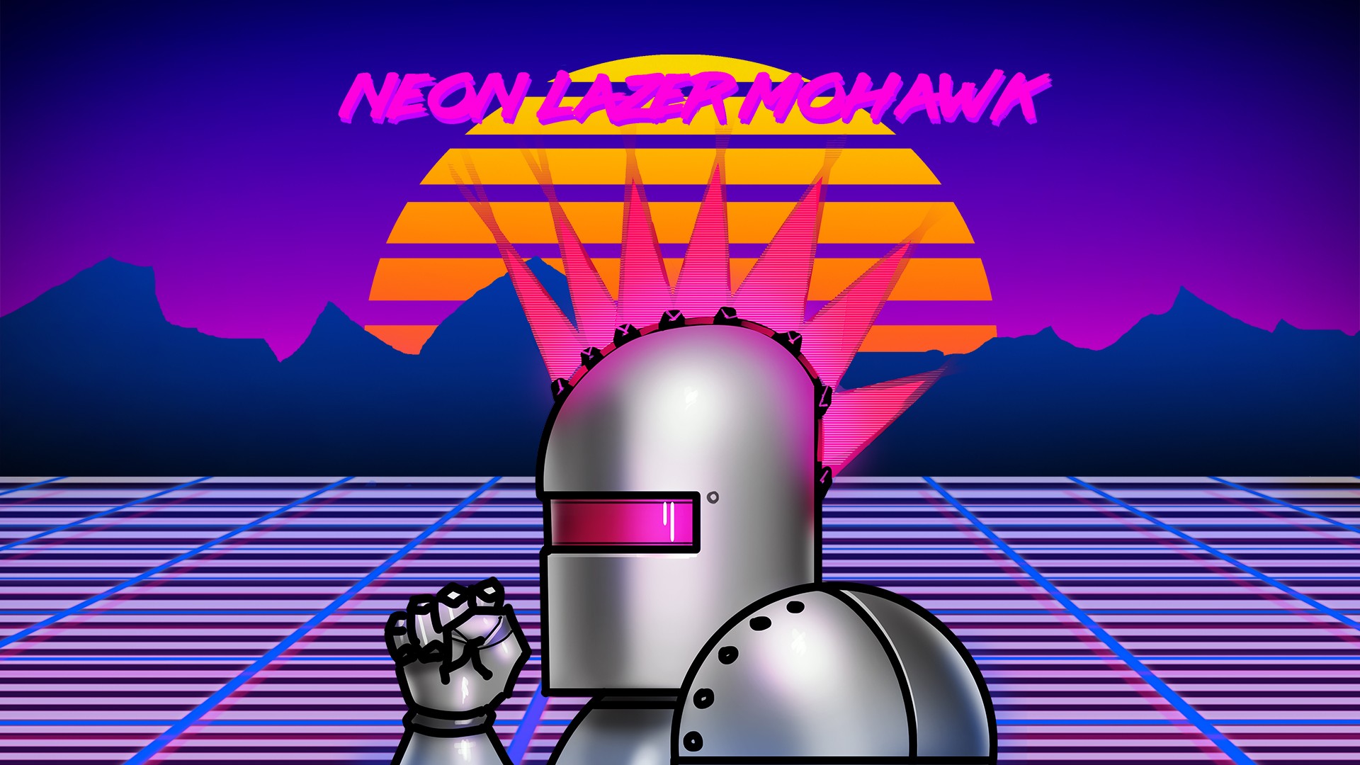 Neon Lazer Mohawk, 1980s, Retro games, Robot, Grid, Digital art, Sunset, Sun, Colorful, Text Wallpaper
