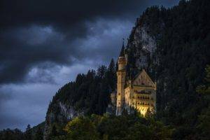 photography, Nature, Clouds, Trees, Forest, Rocks, Mountains, Castle, Architecture, Lights, Storm