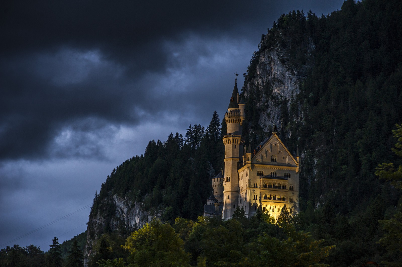 photography, Nature, Clouds, Trees, Forest, Rocks, Mountains, Castle, Architecture, Lights, Storm Wallpaper