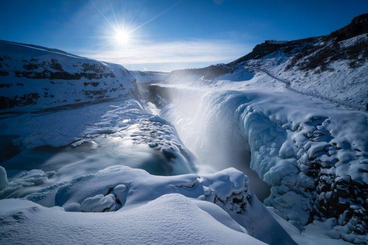 photography, Nature, Sun, Rocks, Mountains, Snow, Frozen river, Path HD Wallpaper Desktop Background