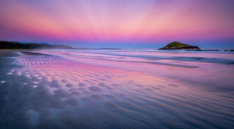 photography, Nature, Clouds, Sunset, Pink, Shore, Beach, Trees, Far view, Sand, Sea HD Wallpaper Desktop Background