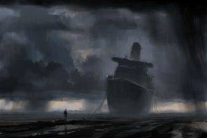 fantasy ship, Clouds, Alone, Lake, Rain, Pixelated, Artwork, Water, Abandoned