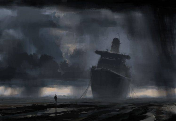fantasy ship, Clouds, Alone, Lake, Rain, Pixelated, Artwork, Water, Abandoned HD Wallpaper Desktop Background