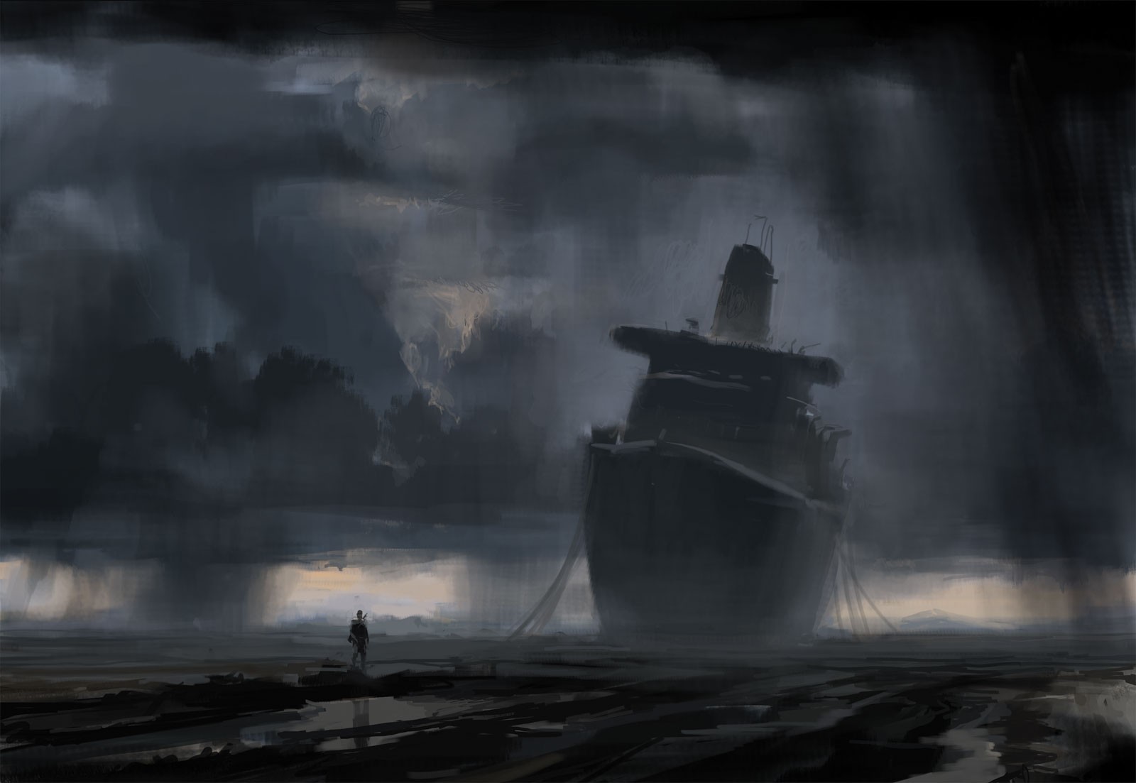 fantasy ship, Clouds, Alone, Lake, Rain, Pixelated, Artwork, Water, Abandoned Wallpaper
