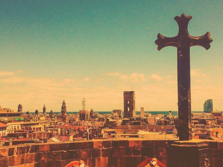 Barcelona, Cityscape, Cross, Vintage, IPhone, Sky, Horizon, Building HD Wallpaper Desktop Background