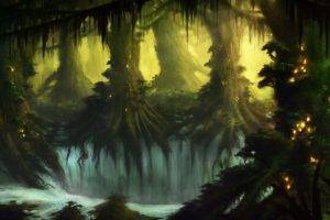 fantasy art, Digital art, Pixelated, Artwork, Science fiction, Trees, Forest, Plants, Dark, Fall, Water